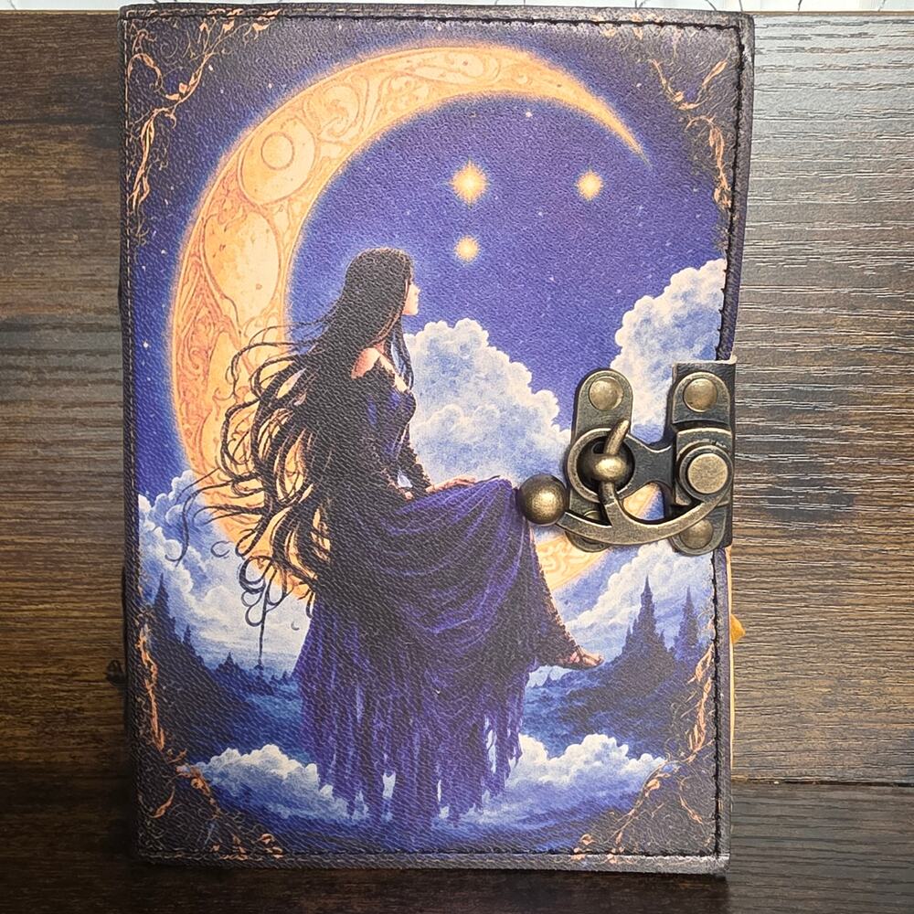 Leather Journal Diary Metal Clasp 5 x 7 Vintage Paper 200 pages Moon Goddess